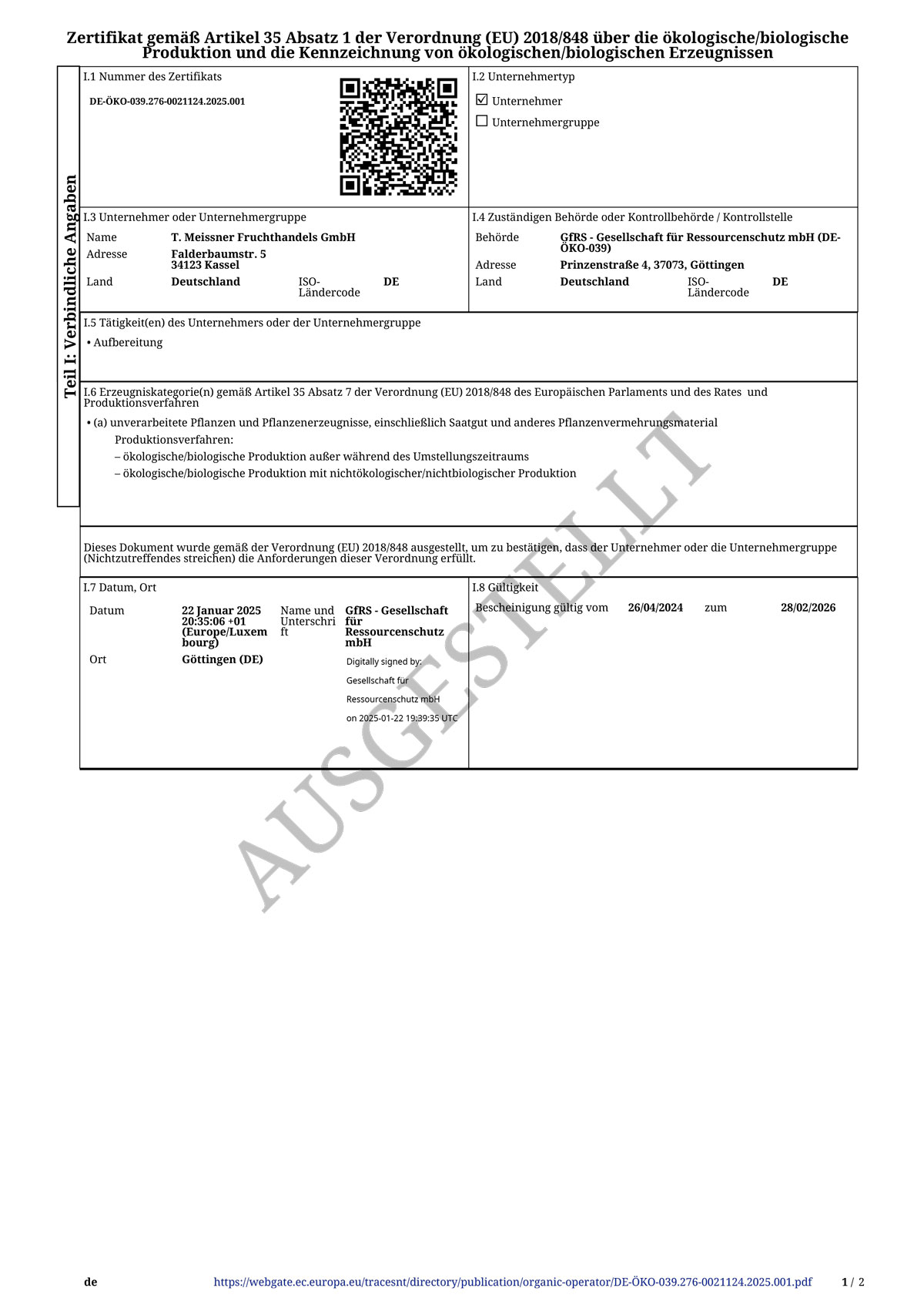 2025 Bio Zertifikat T. Meissner Fruchthandel
